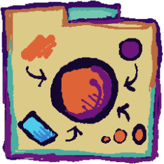 a beige folder with a red sphere in the center. around it is a red splotch, a purple circle, a blue sheet of an unknown material, and 3 red circles of different sizes, with the largest having a thicker outline. all of the symbols around the sphere point back to the sphere.